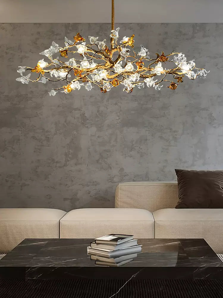 Designer Favorite Brass Branch Chandelier with Artistic Flower Glass for Dining Room Living Room and Kitchen Island