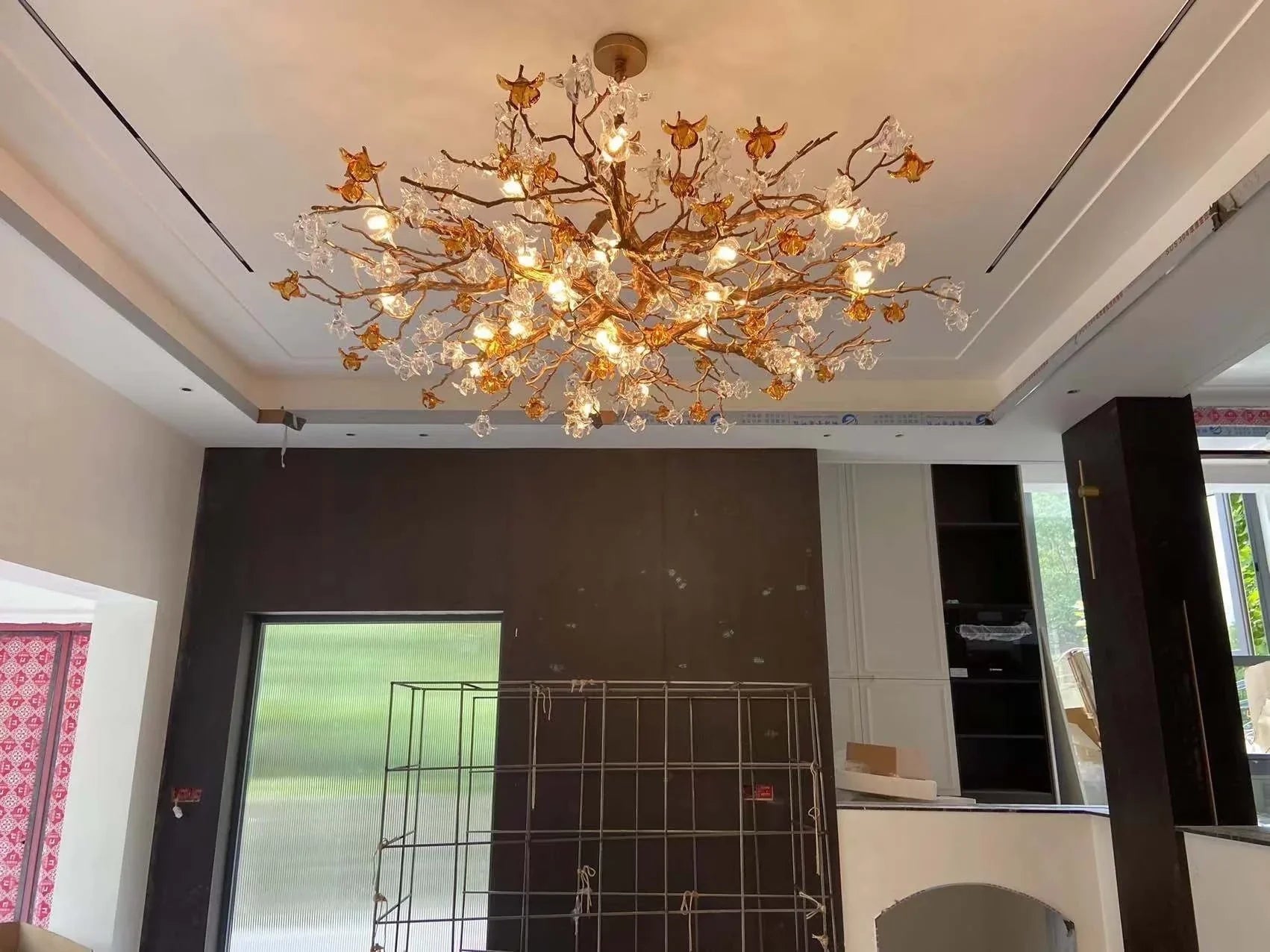 Designer Favorite Brass Branch Chandelier with Artistic Flower Glass for Dining Room Living Room and Kitchen Island