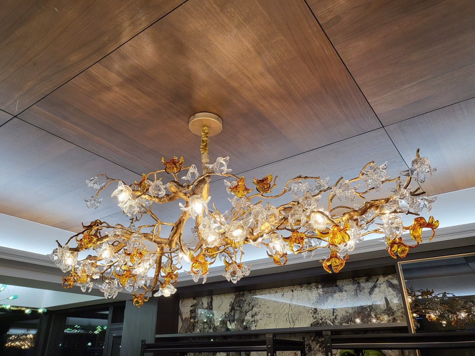 Designer Favorite Brass Branch Chandelier with Artistic Flower Glass for Dining Room Living Room and Kitchen Island
