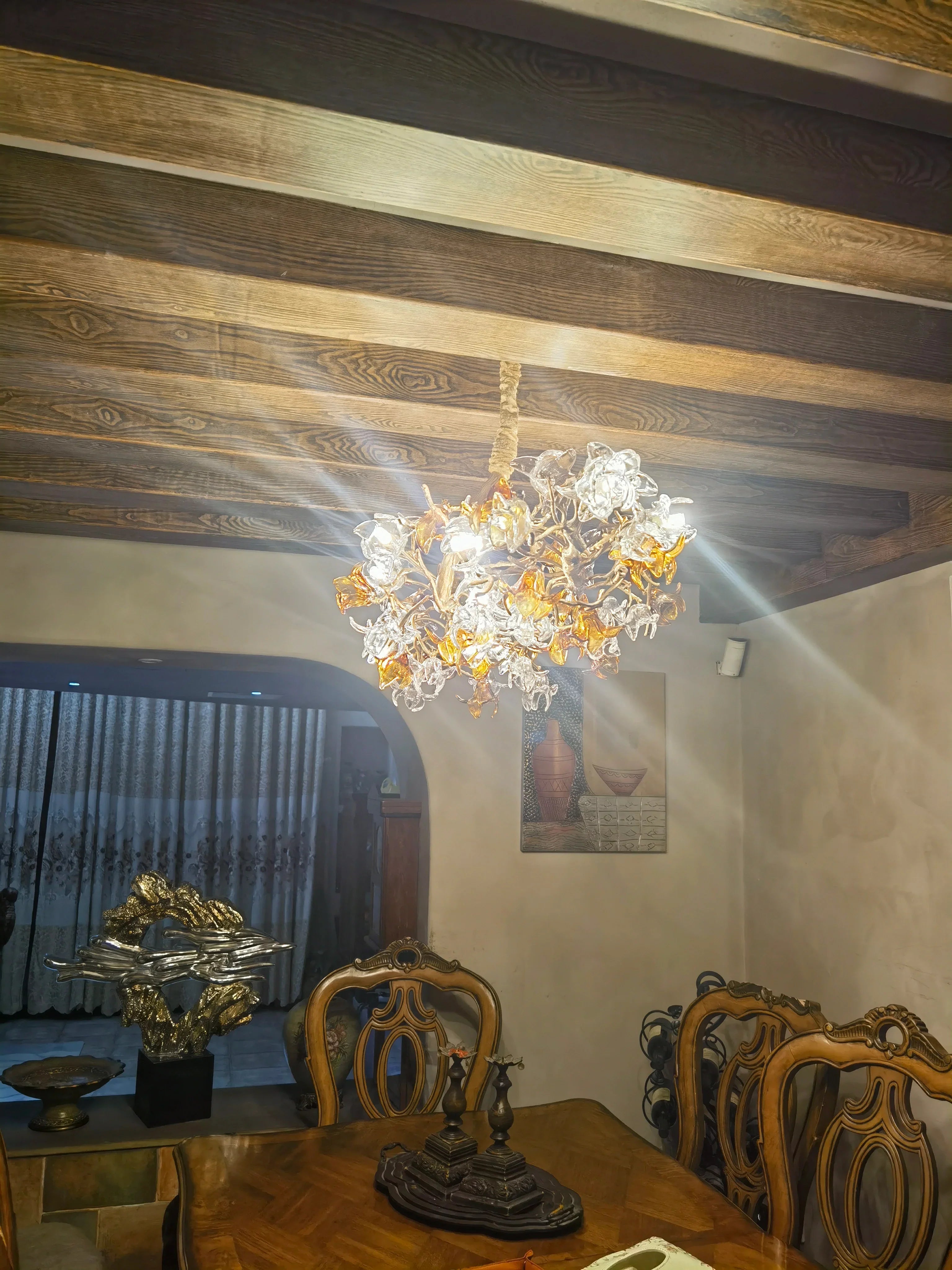 Designer Favorite Brass Branch Chandelier with Artistic Flower Glass for Dining Room Living Room and Kitchen Island