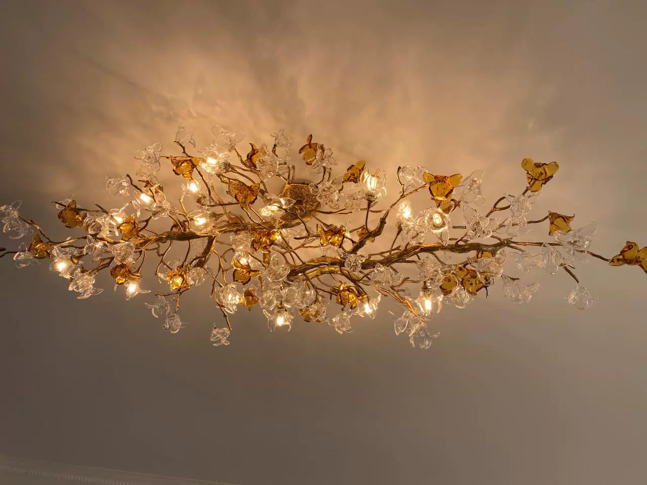 Designer Favorite Brass Branch Chandelier with Artistic Flower Glass for Dining Room Living Room and Kitchen Island