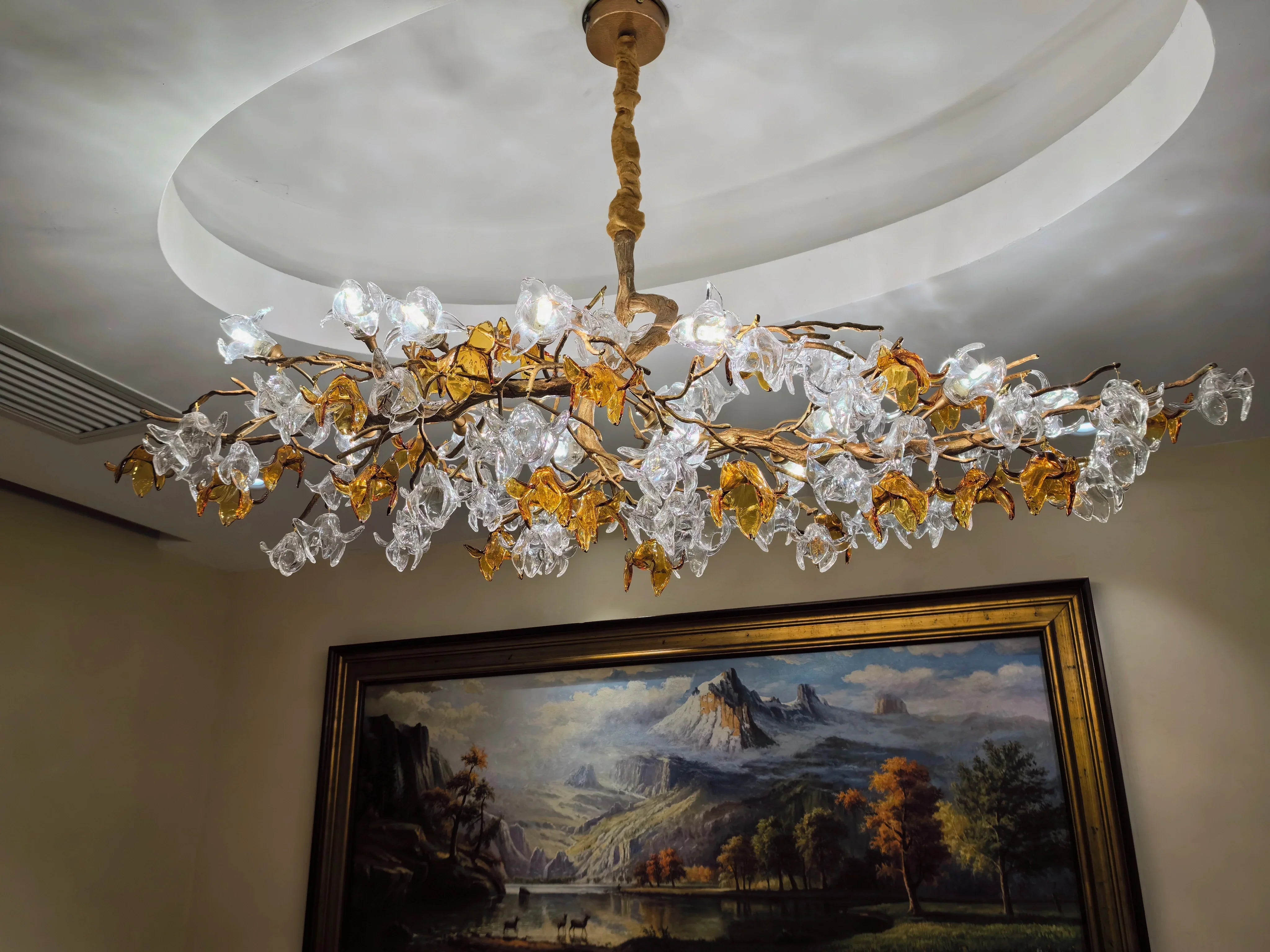 Designer Favorite Brass Branch Chandelier with Artistic Flower Glass for Dining Room Living Room and Kitchen Island