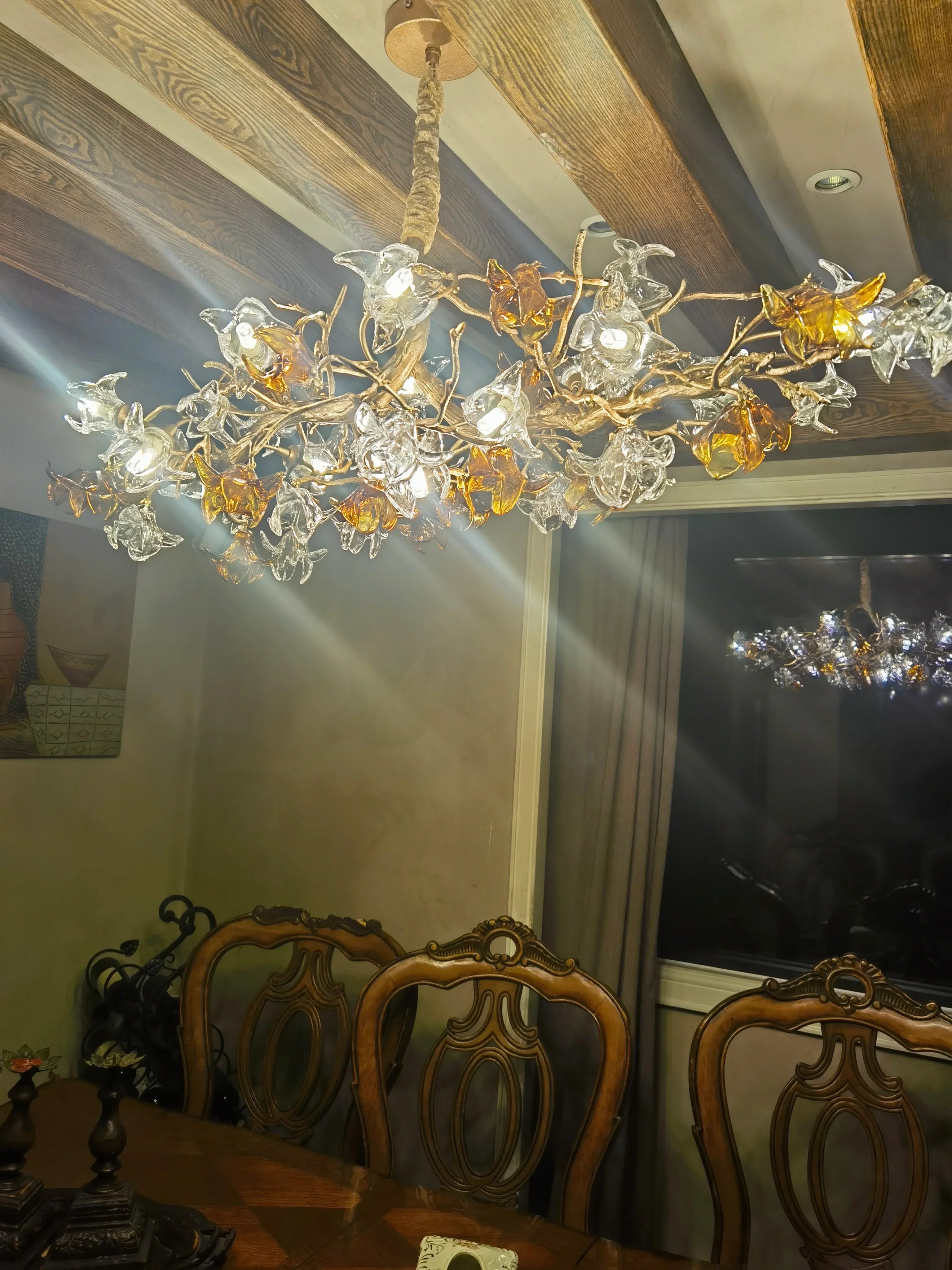 Designer Favorite Brass Branch Chandelier with Artistic Flower Glass for Dining Room Living Room and Kitchen Island