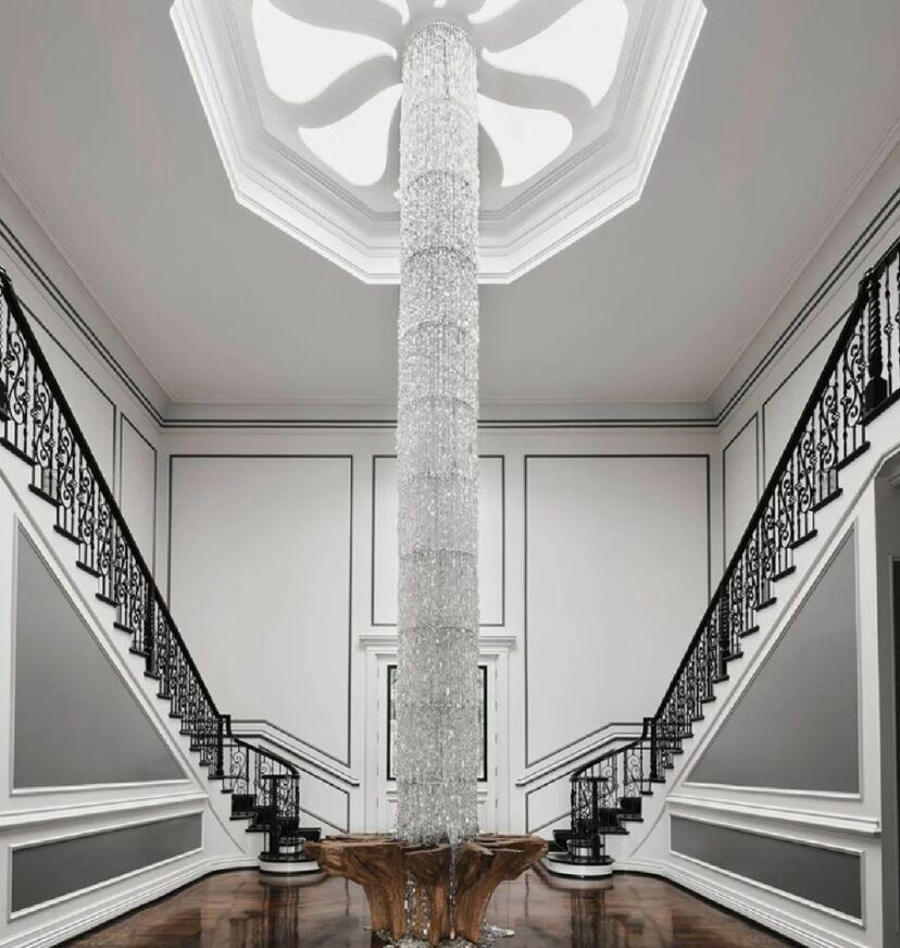 Oversized Silver Crystal Long Ceiling Chandelier Art Designer Column Waterfall Decorative Staircase Light Fixture