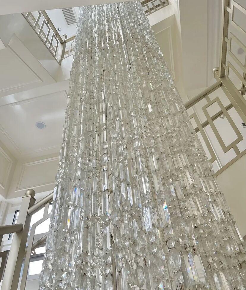 Oversized Silver Crystal Long Ceiling Chandelier Art Designer Column Waterfall Decorative Staircase Light Fixture