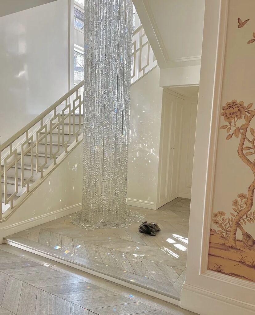 Oversized Silver Crystal Long Ceiling Chandelier Art Designer Column Waterfall Decorative Staircase Light Fixture