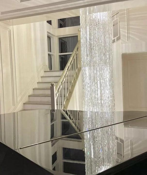 Oversized Silver Crystal Long Ceiling Chandelier Art Designer Column Waterfall Decorative Staircase Light Fixture