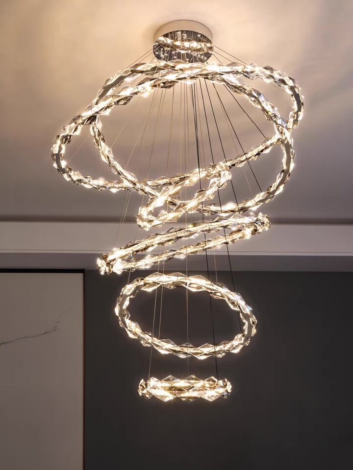 Oversized Multi-Tiered Rings Crystal Chandelier Modern Clear and Grey Crystal Ceiling Light Fixture For Staircase/Foyer/Hallway/Entryway