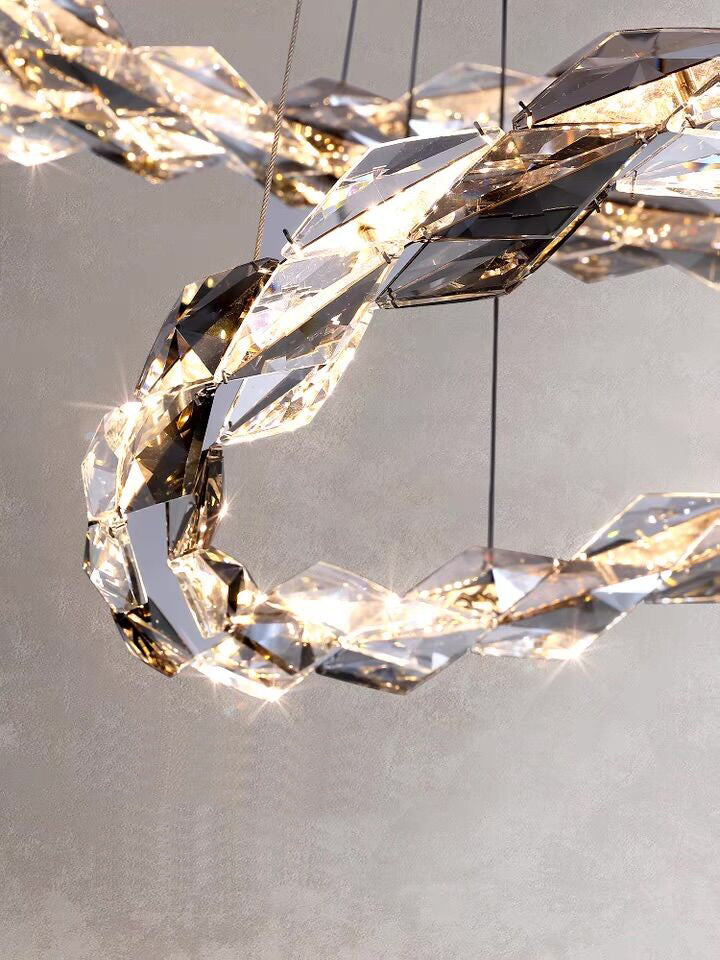 Oversized Multi-Tiered Rings Crystal Chandelier Modern Clear and Grey Crystal Ceiling Light Fixture For Staircase/Foyer/Hallway/Entryway