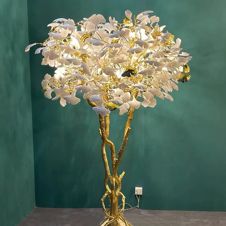 Luxury Creative White Ceramic Ginkgo Biloba Copper Branch Tree Floor Lamp for Living Room and Bedroom