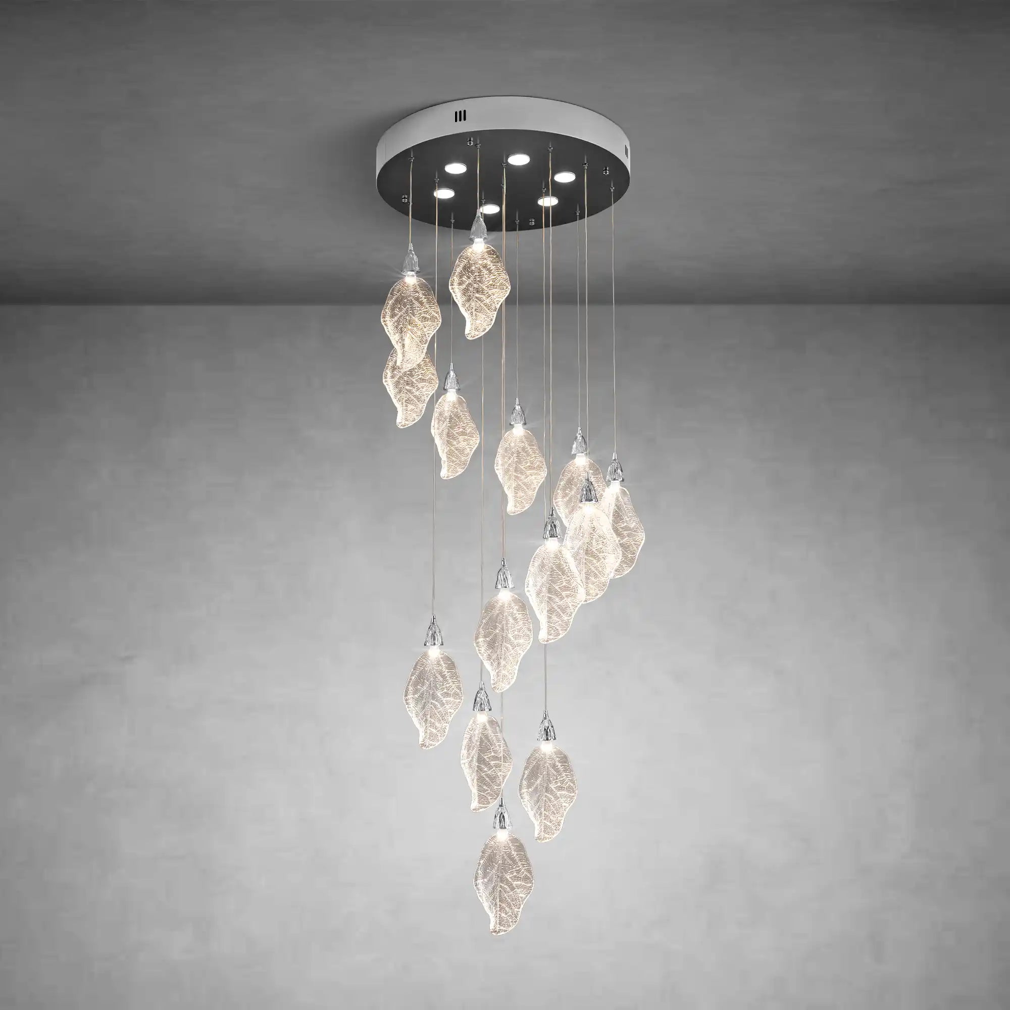 Silver Bionic Leaf 20-Light LED Chandelier for High Ceilings