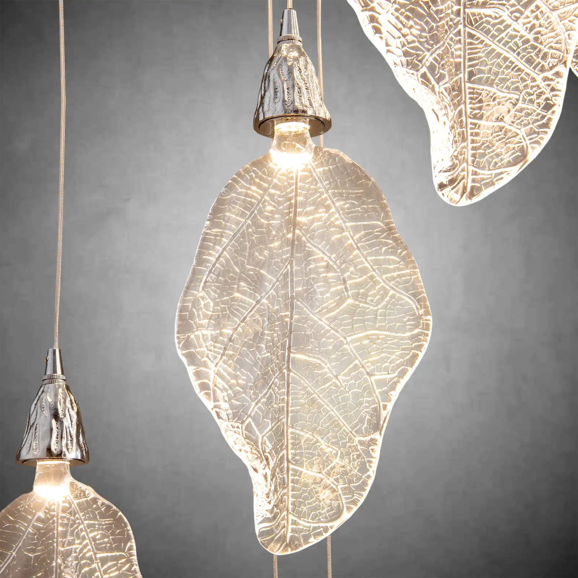 Silver Bionic Leaf 20-Light LED Chandelier for High Ceilings
