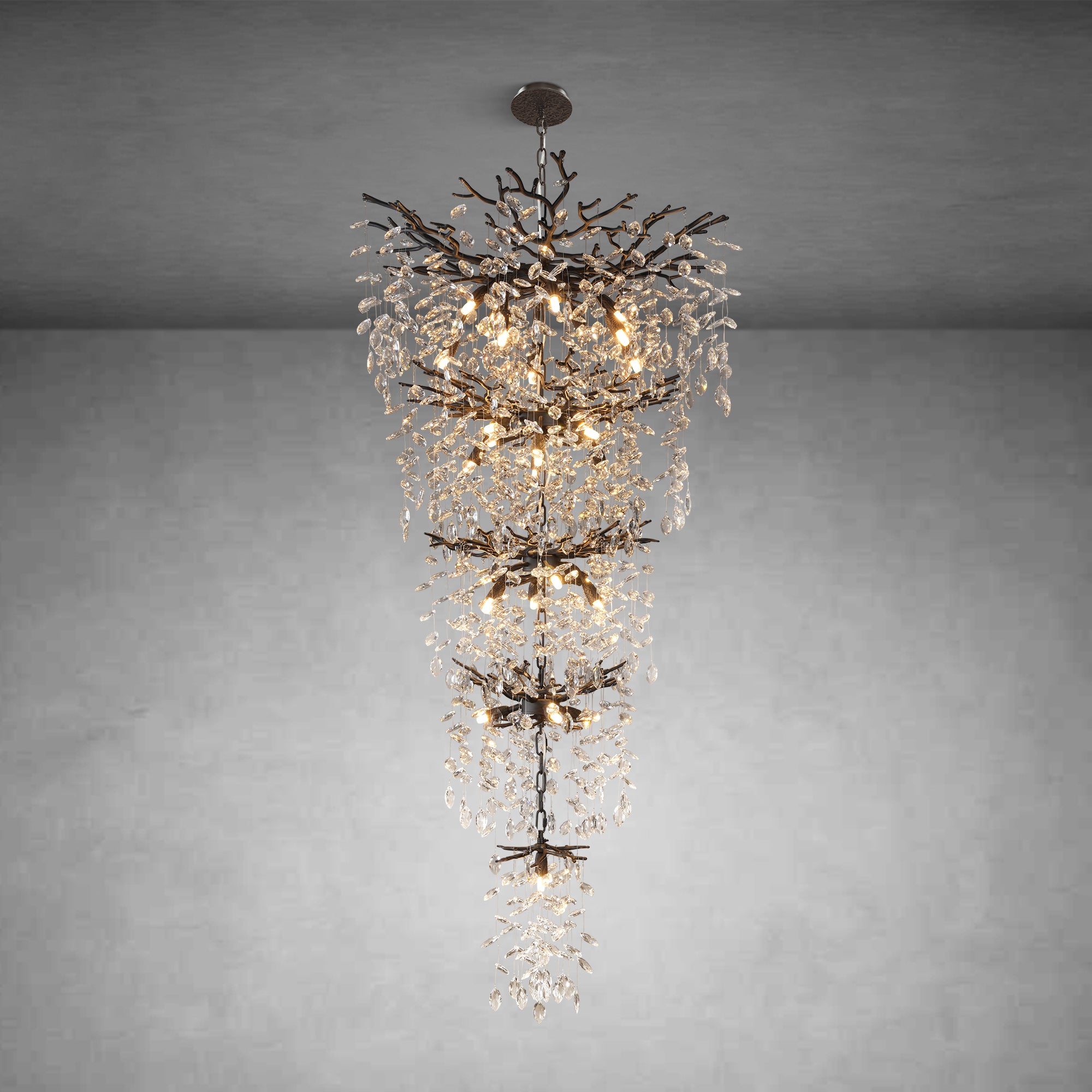 63" Long Crystal Chandelier for High Ceiling, 28-Light Black Tree Branch Chandelier, Modern Large Chandeliers for Staircase, Foyer, Entryway, Living Room, 5-Tier Luxury K9 Raindrop Light Fixture