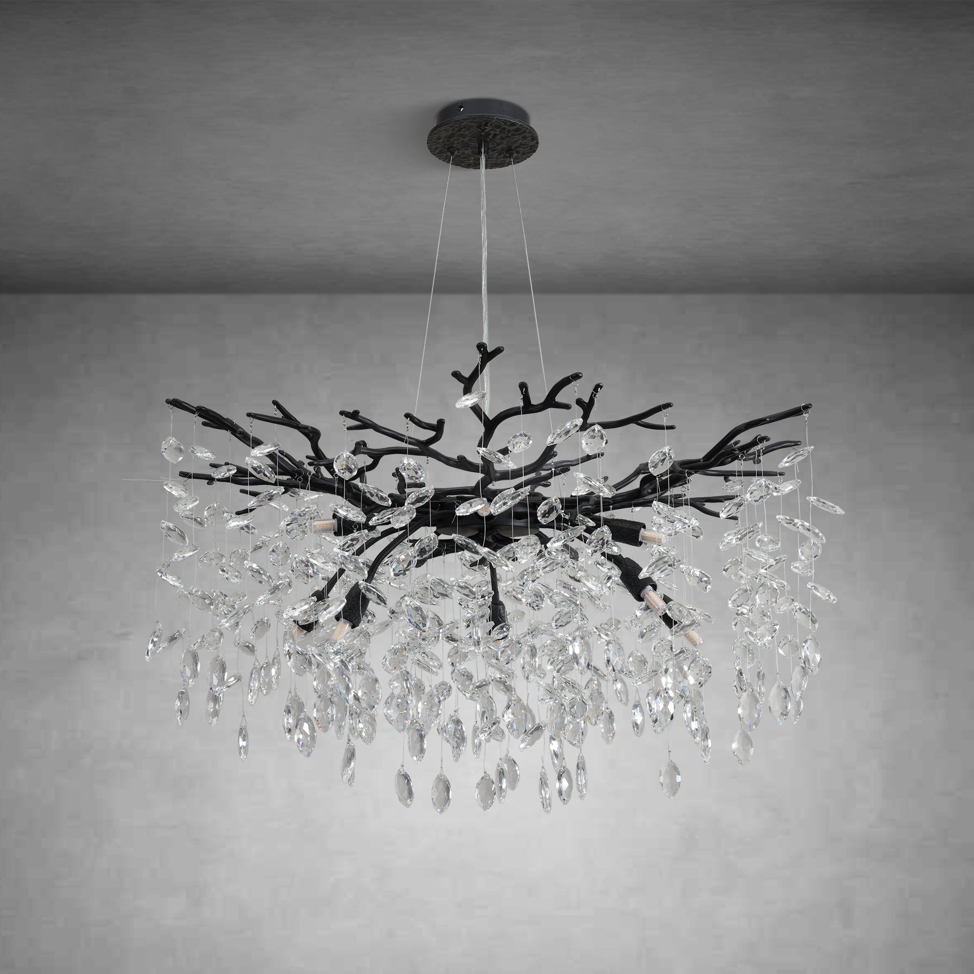 30" Black Crystal Chandelier, 10-Light Tree Branch Chandelier for Dining Room, Luxury Round K9 Crystal Raindrop Chandeliers Light Fixture for Living Room Foyer Entryway Bedroom Kitchen