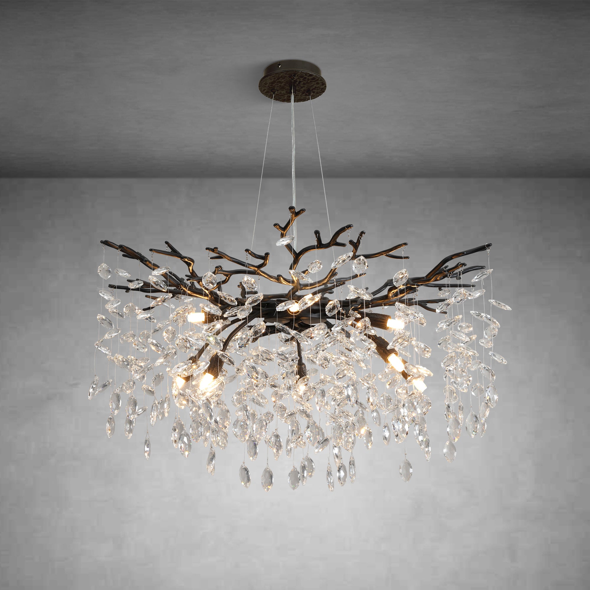 30" Black Crystal Chandelier, 10-Light Tree Branch Chandelier for Dining Room, Luxury Round K9 Crystal Raindrop Chandeliers Light Fixture for Living Room Foyer Entryway Bedroom Kitchen