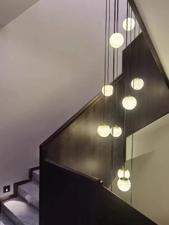 Luna Alabaster Sphere Staircase Chandelier, Multi Pendant Light
