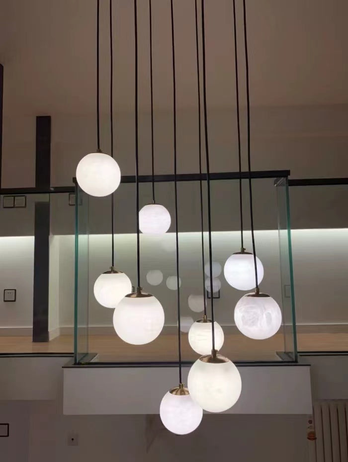 Luna Alabaster Sphere Staircase Chandelier, Multi Pendant Light