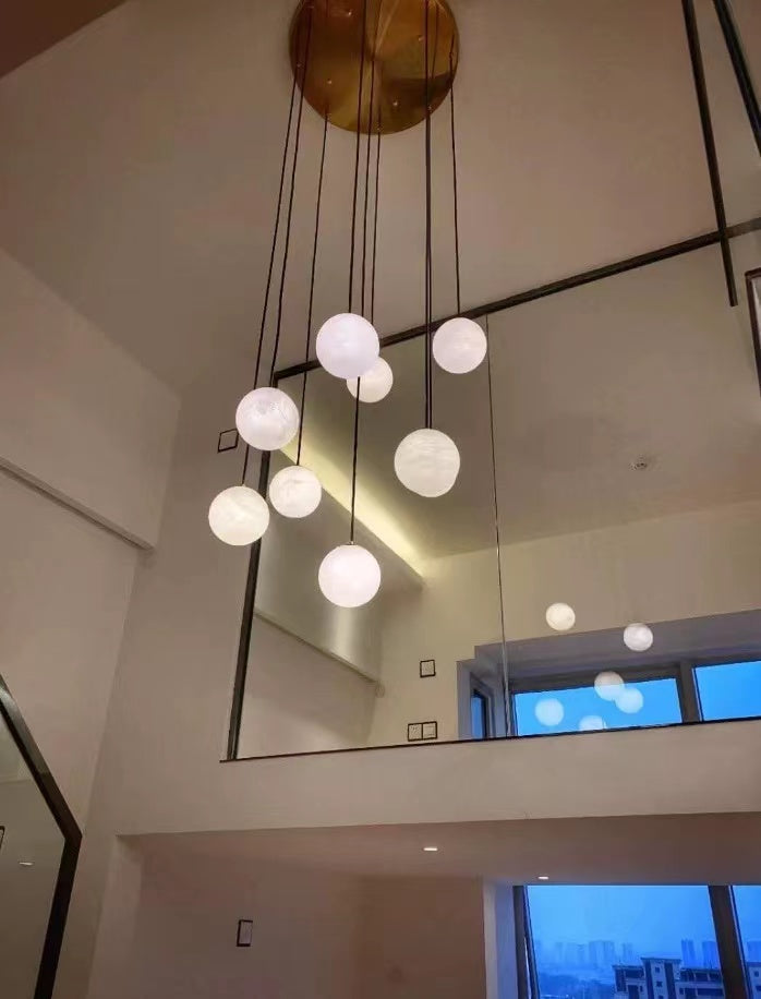Luna Alabaster Sphere Staircase Chandelier, Multi Pendant Light