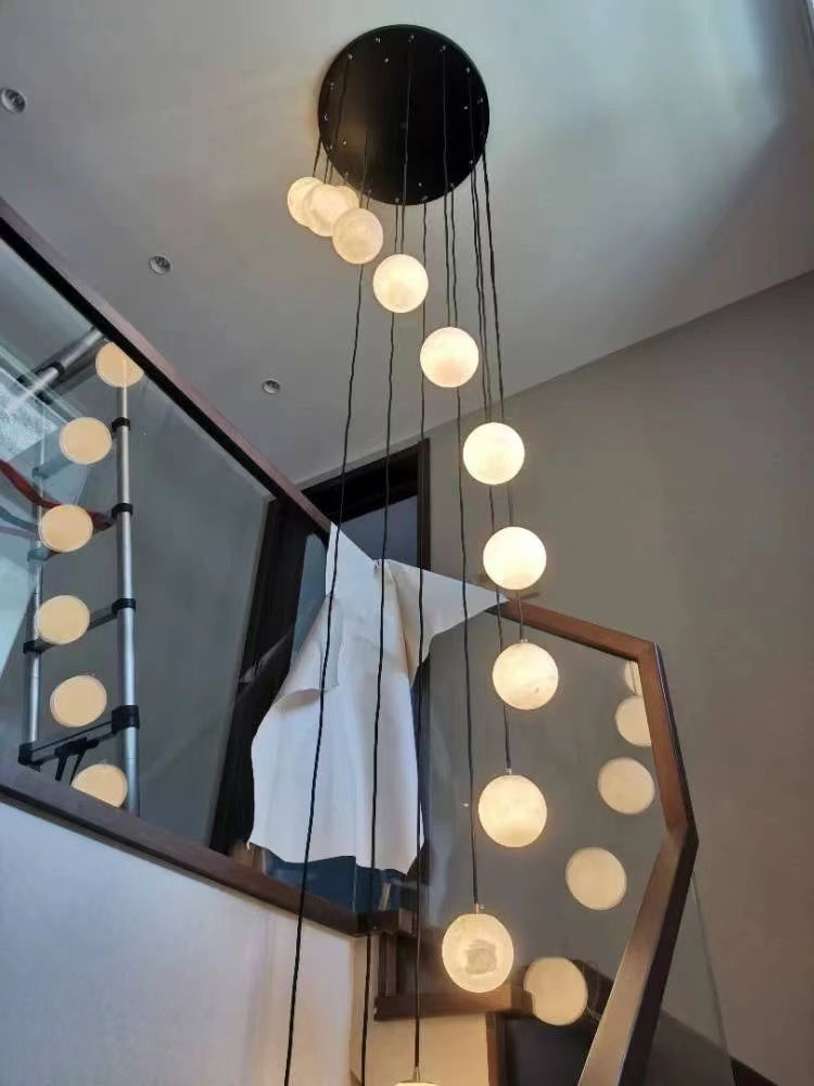 Luna Alabaster Sphere Staircase Chandelier, Multi Pendant Light