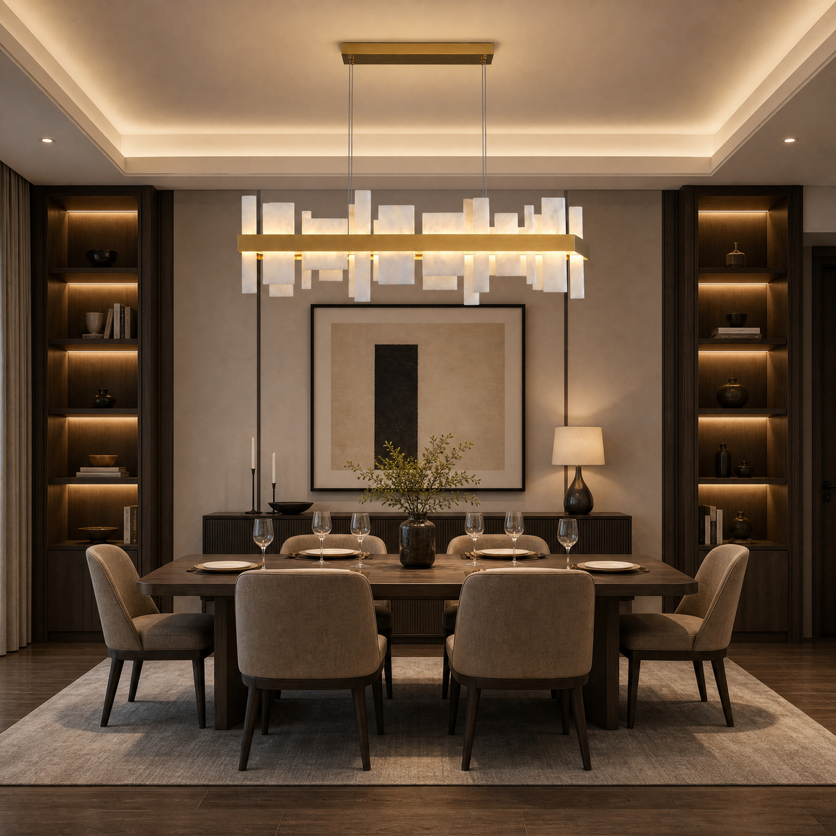 Linear Alabaster and Gold Stainless Steel Dining Chandelier