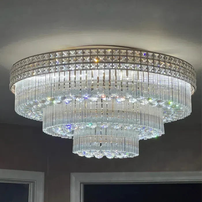 Extra Large Three Layers Round Luxury Flush Mounted Crystal Chandelier for Living Room