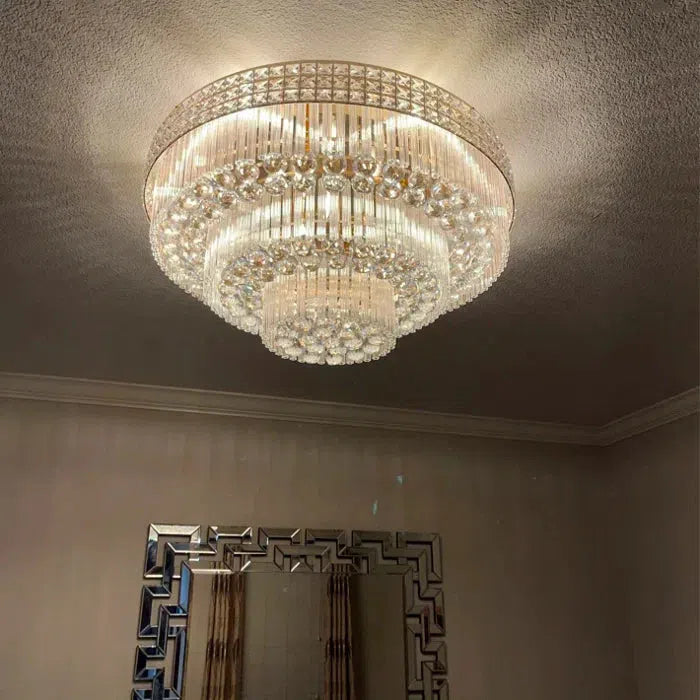 Extra Large Three Layers Round Luxury Flush Mounted Crystal Chandelier for Living Room