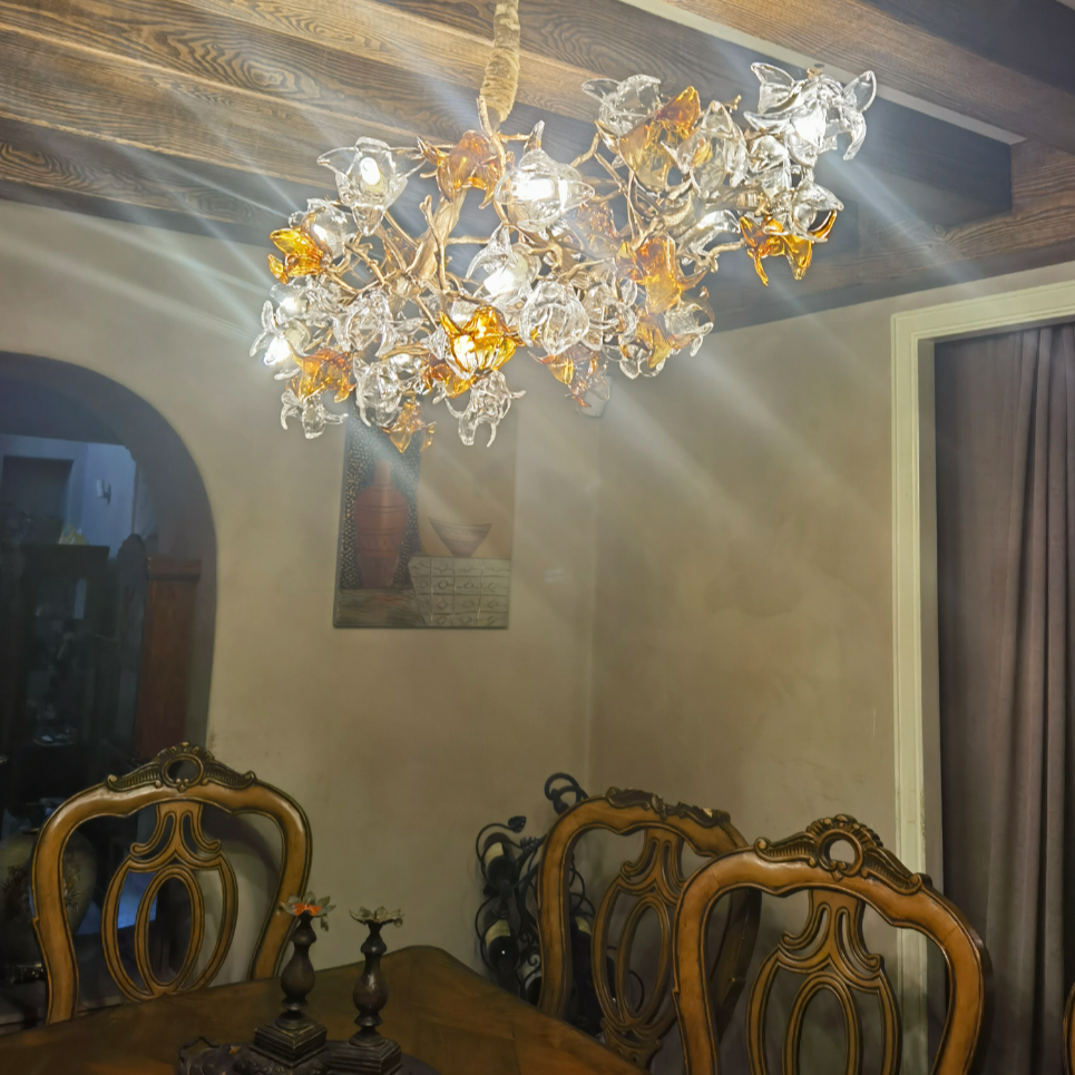 Designer Favorite Brass Branch Chandelier with Artistic Flower Glass for Dining Room Living Room and Kitchen Island