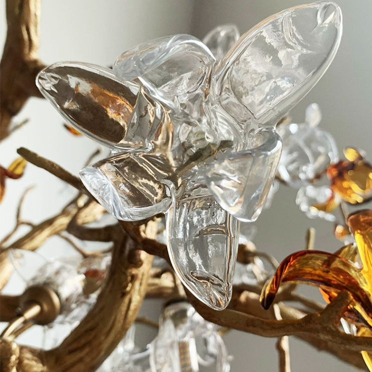 Designer Favorite Brass Branch Chandelier with Artistic Flower Glass for Dining Room Living Room and Kitchen Island