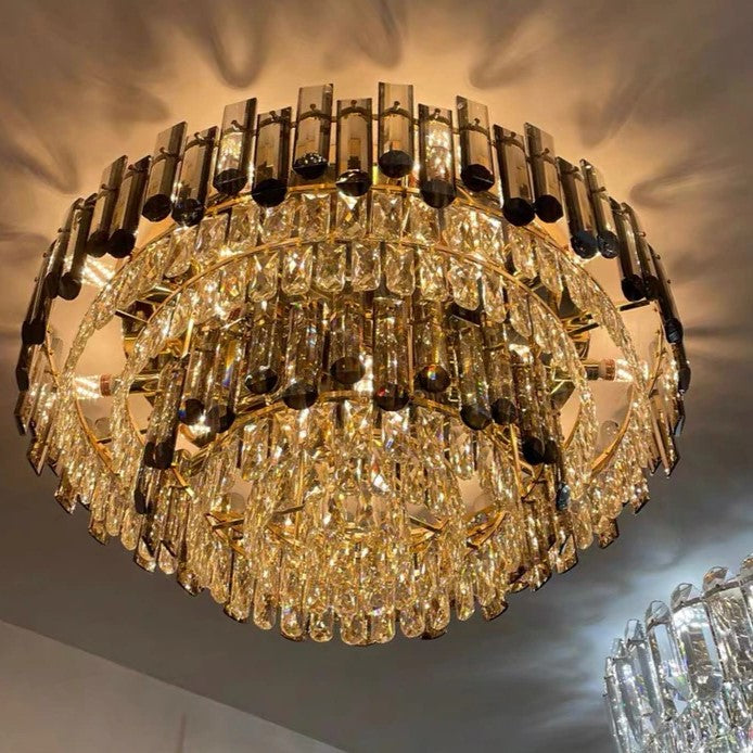Smoke Gray Crystal Chandelier Flush Mounted Ceiling Light Fitxture Set for Dining Room/Living Room