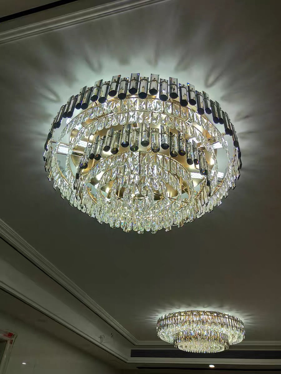 Smoke Gray Crystal Chandelier Flush Mounted Ceiling Light Fitxture Set for Dining Room/Living Room