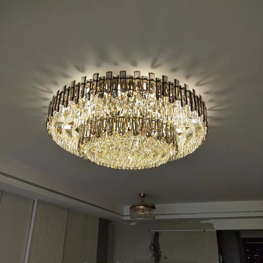 Smoke Gray Crystal Chandelier Flush Mounted Ceiling Light Fitxture Set for Dining Room/Living Room