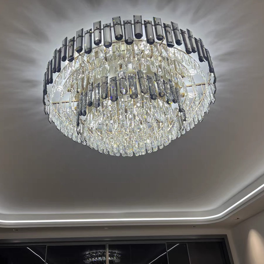 Smoke Gray Crystal Chandelier Flush Mounted Ceiling Light Fitxture Set for Dining Room/Living Room